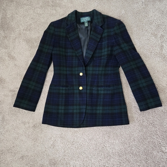 Vintage Ralph Lauren Tartan Plaid Wool Cashmere Check Blazer Green Navy Size 8P - Picture 12 of 15